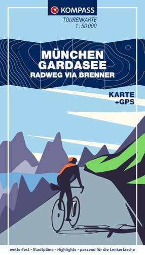 KOMPASS Fahrrad-Tourenkarte München – Gardasee, Radweg via Brenner 1:50.000: Leporello-Karte, reiß- und wetterfest