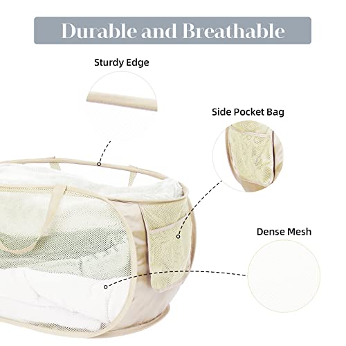 Image of Durable Collapsible Laundry Baskets, Mesh Pop Up Laundry Hamper with Side Pocket, Foldable Clothes Storage Hamper with Reinforced Carry Handles for Laundry, Bathroom, Kids Room, Dorm or Travel Beige