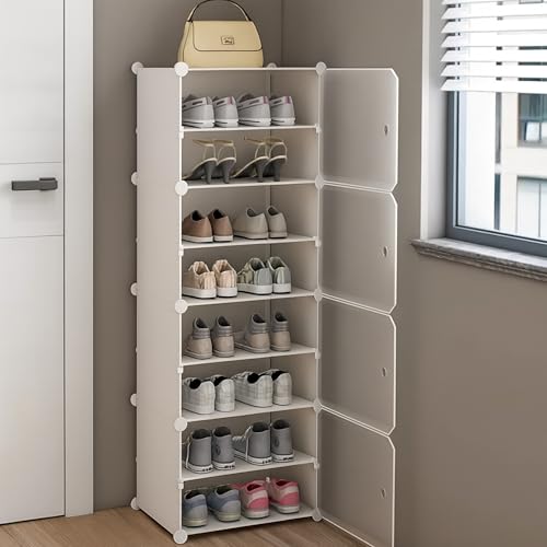 Image of Zemic Multipurpose Modular Plastic Shoe Rack for Home with Door | 𝟕 𝐒𝐡𝐞𝐥𝐟 Stackable Organizer | Waterproof & Dustproof | Space Saving Storage for Home, Bedroom & Entryway【White, 4-Door-7-Shelf】