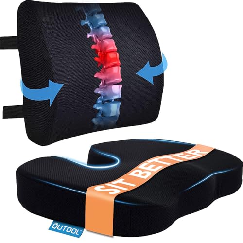 Seat Cushion & Lumbar Support Pillow for Office Chair, Car, Wheelchair Memory Foam Desk Chair Cushion for Sciatica, Lower Back & Tailbone Pain Relief Desk Pad with Adjustable Strap 3D Washable Cover