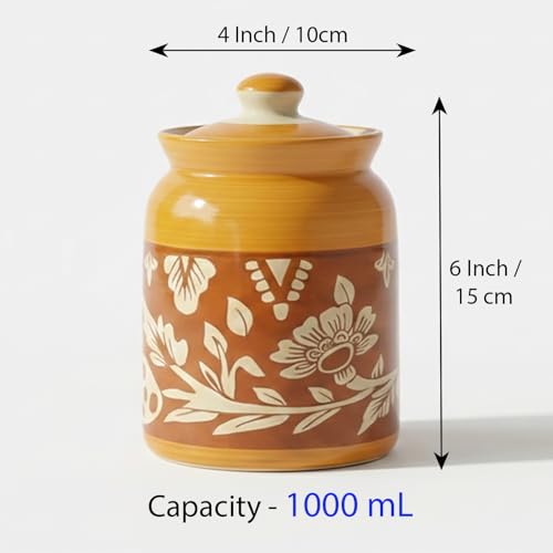 Image of Handcrafted Ceramic Jar with Lid 1000 mL | Traditional HandPainted Kitchen Storage Container | Pickle, Spice, Sugar, Tea, Coffee Canister | Pottery Home & Gift (Set of 1) (Full Yellow &Red Bale)