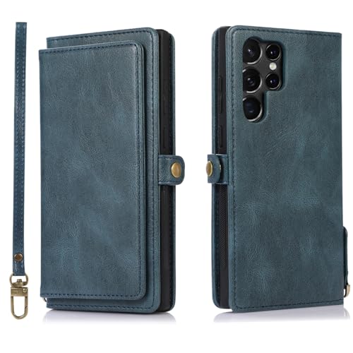Étui portefeuille Galaxy S26 en cuir bleu avec porte-cartes amovible