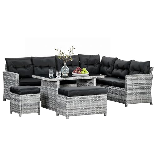 Image of Outsunny 5 Pieces PE Rattan Garden Furniture Set with Corner Sofa, 8 Seater Patio Sofa Set with Glass Table, Stools, Cushions, for Poolside, Mixed Grey