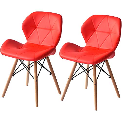 OSJ ダイニングチェア PU座面 天然木脚 二脚セット 8色対応 (レッド)
