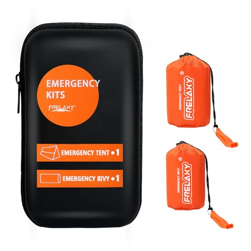 Frelaxy Emergency Tent Emergency Sleeping Bag Set, Survival Shelter & Emergency Bivy with Whistles, Paracord, Storage Pouches, and EVA Case, Perfect for Survival Kits (Orange Set)