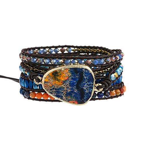 Plumiss Women Boho Wrap Bracelets Handmade Natural Stone Crystal Hematite Blue Orange Bead Strand Bracelet Jewelry