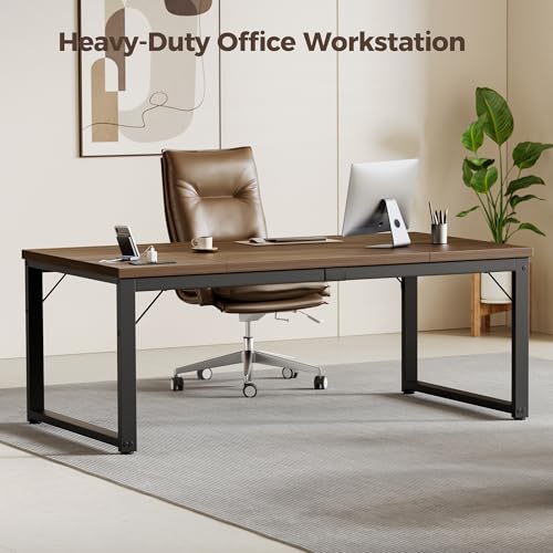 Image of Mericonia 63 Inch Computer Desk with Power Outlets, 1.2 inch Thick Office Table