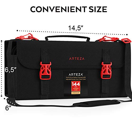 Arteza Art Markers & Pens Organizer, 144 Slots, Carrying Travel Case With Zipper Pocket And Handle, Removable And Adjustable Strap, Art Supplies For Storage And Organization #TOP1