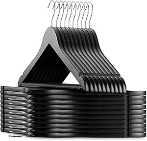 Evolluxi Natural Smooth Finish Wooden Hanger for Clothes Hanging Hangers for Wardrobe, Precisely Cut Notches, 360 Degree Swivel Chrome Hook, Hanging Garments and Accessories (Pack of 100, Black)