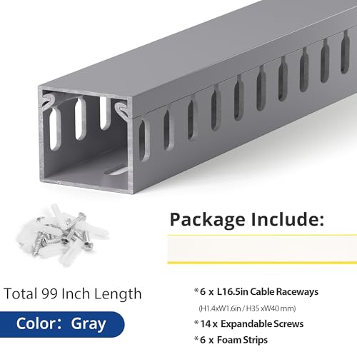 Image of 1.4 inchH x 1.6 inchW Cable Raceway, 99in Under Desk Wire Management Channel, Grey | Slotted Wire Duct, 6Pack, 16.5in Each, Heavy-Duty PVC Cable Management for Server Racks, Network Cables & Electrical Cabinets