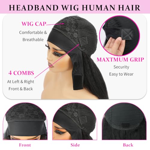 Image of 200 Density Kinky Straight Headband Wig Human Hair 26 Inch Yaki Straight Half Wig Human Hair None Lace Front Wigs for Black Women Natural Color, 100% Human Hair, No Shedding