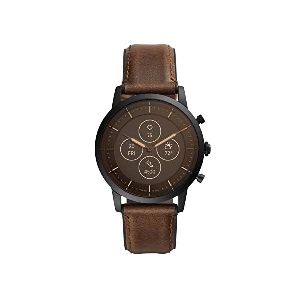 Fossil Men's 42mm Collider Stainless Steel and Leather Hybrid HR Smart Watch, Color: Black, Brown (Model: FTW7008)