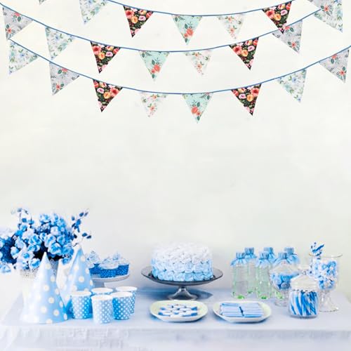 Image of Zwiebeco 32Ft Vintage Floral Fabric Bunting Triangle Flags Cotton Retro Flowers Pennant Banner Party Decorations for Birthday Wedding Engagement Baby Shower Spring Rustic Village Home Garden Decor