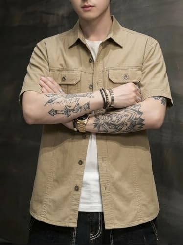 Image of SMOWKLY Men's Casual Solid Printed Cotton Regular Fit Shirt || Half Sleeve, Button Down, Double Front Pocket || Denim Jacket Style Fashionable Western Outfit