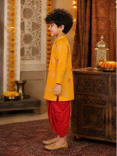 Image of superminis Boy's Golden Foil Printed Side Open Cotton Kurta, Round Collar, Full Sleeves Ethnic Wear Dhoti Kurta Set