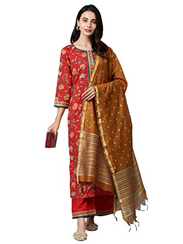 Image of INDO ERA Women's Pure Cotton Printed Straight Kurta with Pant & Dupatta Set (Red IE17KD0RD1869)