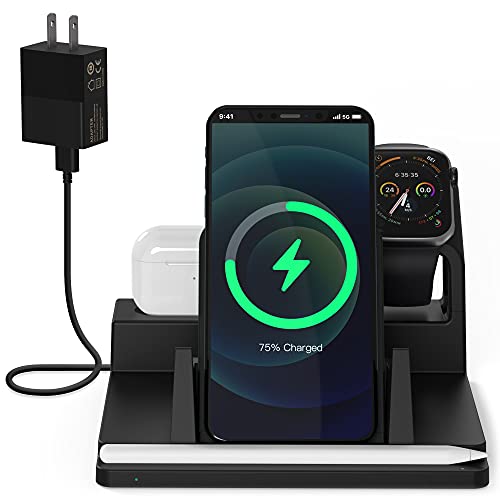 Wireless Charging Station, 4-in-1 Qi-Certified 15W Fast Wireless Charger Compatible with iPhone 11/11Pro/11Pro Max/X, AirPods, Apple Pencil & Apple Watch(No Watch Charger)