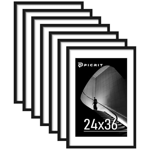 Picrit 24x36 Black Poster Frame 7 Pack, Display Pictures 20 x 30 with Mat or 24 x 36 without Mat for Horizontal or Vertical Wall Mounting, Wall Gallery Photo Frames