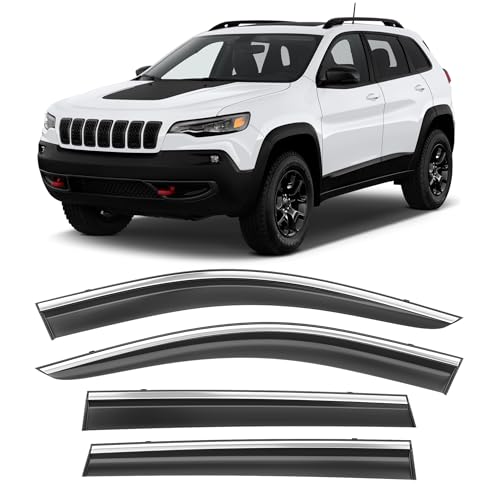 Image of Shatterproof Taped-On Window Deflectors for Jeep Cherokee 2014-2023 with Chrome Trim, Rain Guards, Window Visors for Car, Vent Deflector, 4pcs