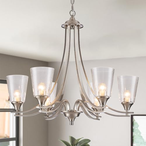Image of Brushed Nickel Chandelier Light Fixture for Kitchen Island 6-Light Pendant Lighting with Seed Glass Lampshade Max 47.2 Height Adjustable Silver Hanging Light for Dining Room Foyer Living Room
