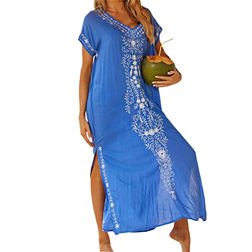 Saída de praia feminina com estampa boêmia, manga curta, gola V, fenda lateral, vestido longo, Azul,