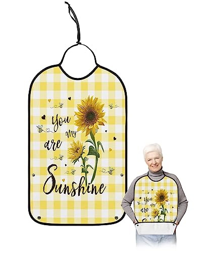 Summer Sunflower Adult Bibs for Eating, Waterproof Bibs with Food Catcher & Adjustable Snap Closure, Yellow Plaid Summer Flower Bee Washable Clothing Protectors Adult Bibs for Elderly Women/Men