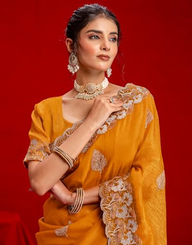 Image of SIRIL Women's Shimmer Chiffon Sequence Embroidery Saree With Unstitched Blouse Piece for Wedding and Parties