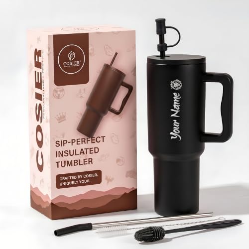 Image of Personalised 1200ml Insulated Stainless Steel Tumbler with Handle and Straw Lid - Large Travel Mug for Coffee & Water, Double Wall Vacuum Cup, Car Cupholder Friendly (Black)