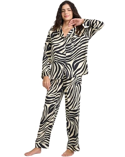 Image of YiNi LuLu Womens Silk Satin Pajamas Set Button Down 2 Piece Pjs Long Sleeve Oversized Sleepwear with Pockets