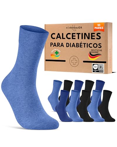 sockenkauf24 Calcetines Diabéticos Hombre 43-46 sin Elástico y sin Costuras con Cintura de Confort Algodón Negro Azul 10 Pares