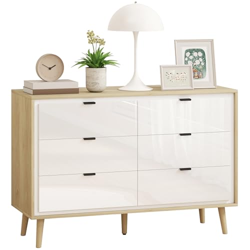 HOMCOM Cómoda 6 Cajones, Cómoda Dormitorio con Patas de Madera, Cajonera para Salón, Oficina, Estilo Moderno, 110x40x75 cm, Blanco Brillo y Roble