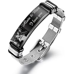 Pulseras Personalizadas Con Dibujos pulsera personalizada con foto, para hombre, Pulsera de acero inoxidable, pulsera ajustable con nombre grabado (black,21.5cm)
