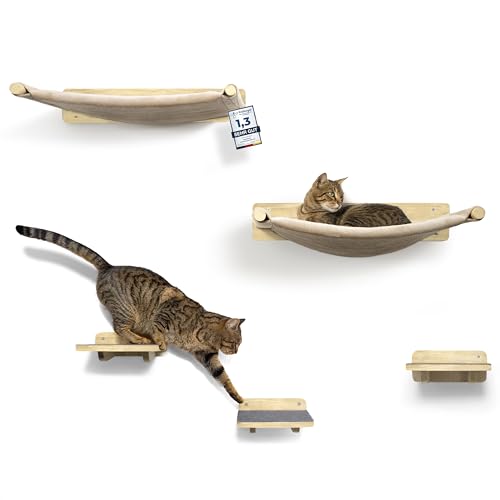 WOOWOOD® 2X Kletterwand Katzen - 2X Katzentreppe Wand [Vollholz] - Kratzbaum Wand - Hängematte Katze - Wandkratzbaum - Katzenmöbel - Katzenwand - Katzen Kletterwand Set (5 teilig)