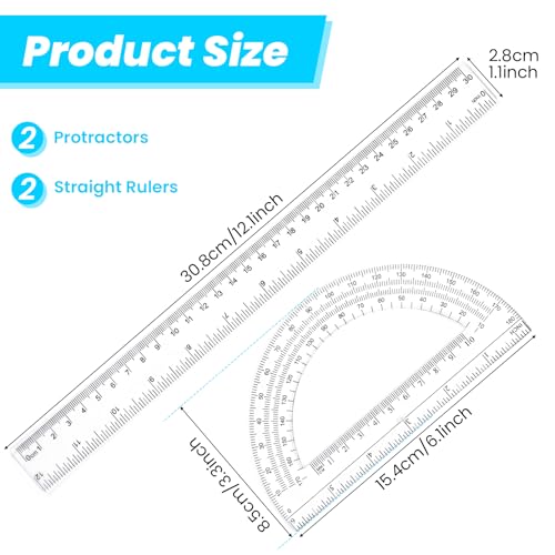 PEOVLVN Pacote com 4 transferidores e conjunto de régua, régua de plástico de 30,5 cm e transferidor