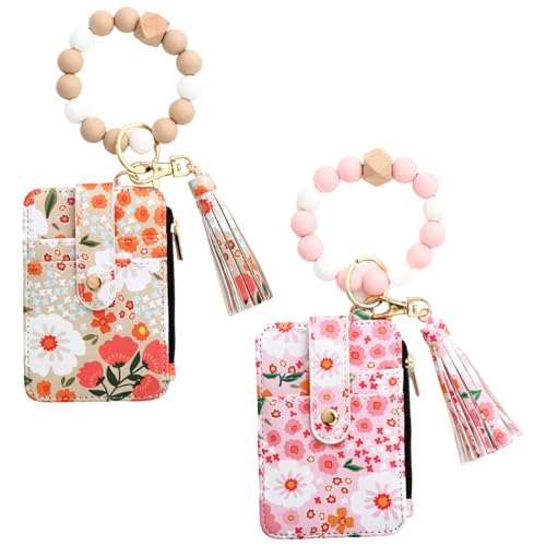 Porte-clés portefeuille en perles boho et bracelet imprimé floral pour rangement clés
