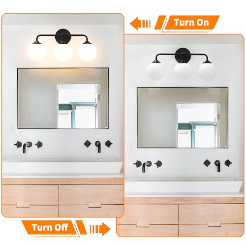 Image of Black Bathroom 3-Lights Vanity Light Fixtures, Minimalist Vanity Lights with Milky White Glass Shade, Modern Wall Sconces over Mirror, Wall Lamp for Bathroom Dressing Table Bedroom Living Room