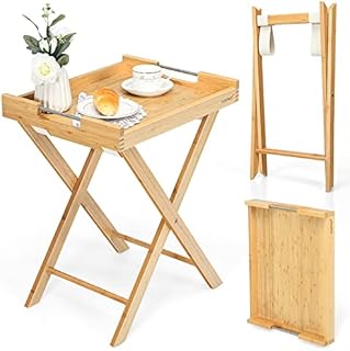 COSTWAY Folding Tray Table, FSC Certified Side End Tables with Removable Serving Tray, Breakfast Dinner Butler Table for Living Room Bedroom Garden (Natural, 38x47x59cm, Bamboo)