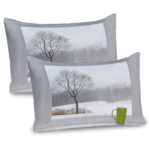 Ambesonne Winter Pillow Sham Set of 2, Green Teacup on Windowsill Forest Outdoors Snowstorm Scenic Countryside, Quality Microfiber Bedding Item for All Seasons, 30