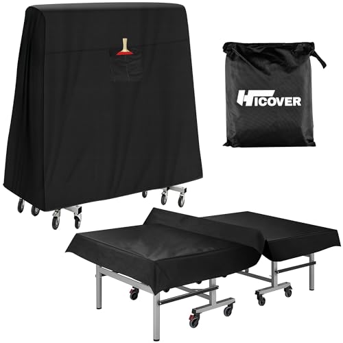 HICOVER 600D Table Tennis Table Cover Ping Pong Table Cover Universal 9x5 FT Waterproof Sunproof Fits Folding & Flat Tables Black Oxford Fabric
