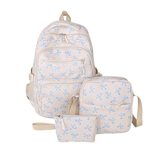 Bow Backpack 3Pcs Set for Girls, Cute Kawaii Backpacks Set Large Capacity, for Women Fashion Travel Daypack(White blue)