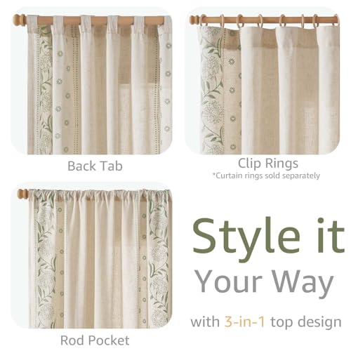 Image of jinchan Sage Floral Linen Curtains for Living Room 63 inch Back Tab 2 Panels
