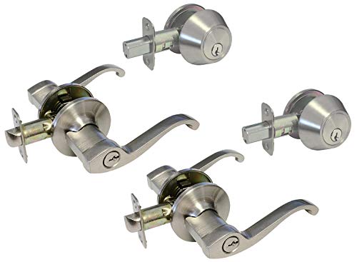 2 Set Satin Nickel Entry Entrance Keyed Levers With Matching Single Cylinder Deadbolts Combo Keyed Alike 835Dc #TOP16