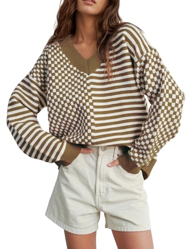 Image of UNCLECAT Womens Striped Checkered Sweater V Neck Fall Trendy Pullover Tops | Long Sleeve, Winter Clothes, Soft Jumpers, Business Casual Outfits, Cute, Fashion, Knitted Sweaters