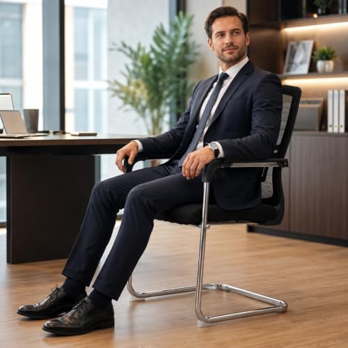 Image of OfficeCore | Visitor Chair with Arm Rest | Office Reception | Chrome Cantilever Metal Frame | Mesh Back | Study Chair Without Wheels (2, Dark Black, Mesh Back)