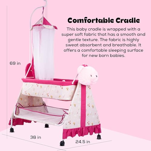 Image of BAYBEE CozyNest Baby Cradle and Swing Jhula for Newborn Babies with Removable Mosquito Net, Washable Fabric, Lockable Wheels & Safe Sleeping Bed Crib for Infants Up to 2 Years (Pink)