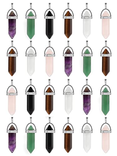 24 Pcs Healing Chakra Crystal Pendants Hexagonal Pointed Natural Stone Pendant Bullet Shaped Gemstone Crystal Quartz Stone Pendants for Necklace Jewelry Making(4X6)