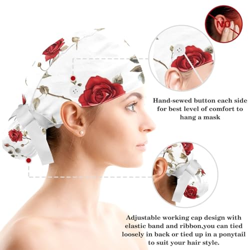 Image of Red Blooming Rose Flowers Black Working Cap with Scrunchy and Ribbon Tie for Women, Long Hair