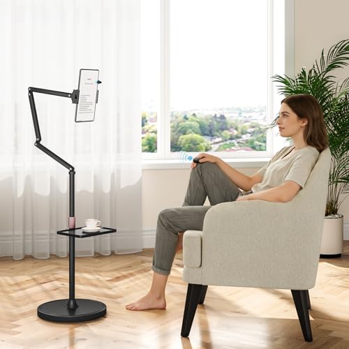 Image of Houele Tablet Floor Stand with Remote Page Turner, iPad Floor Stand Kindle Holder with Removable Tray for Bed, Height Adjustable Tablet Mount iPad Holder for 4.7 inch -15.6 inch Kindles iPads and Phones