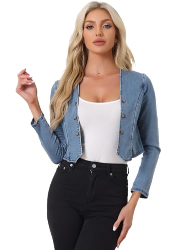 Veste sans col en jean femme veste courte double boutonnage bleu denim
