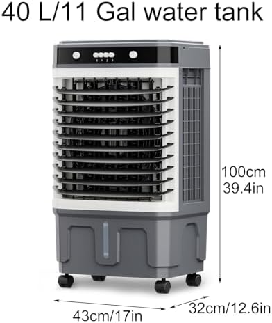 Portable Swamp Cooler, Evaporative Air Conditioner with 4 Ice Boxes, 120° Oscillation, Fast 3-Speed Cooling, Dry Burn Protection for Home & Office (43x32x90cm)